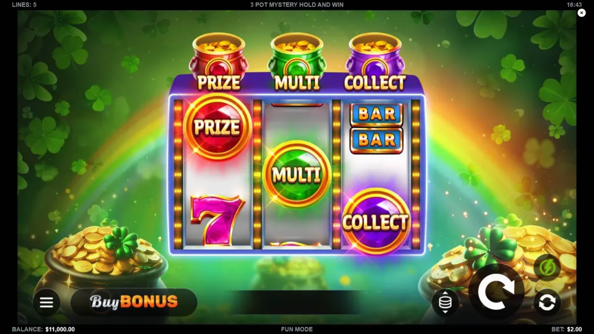 Tampilan visual slot 3 Pot Mystery Hold and Win dengan tema pertambangan emas