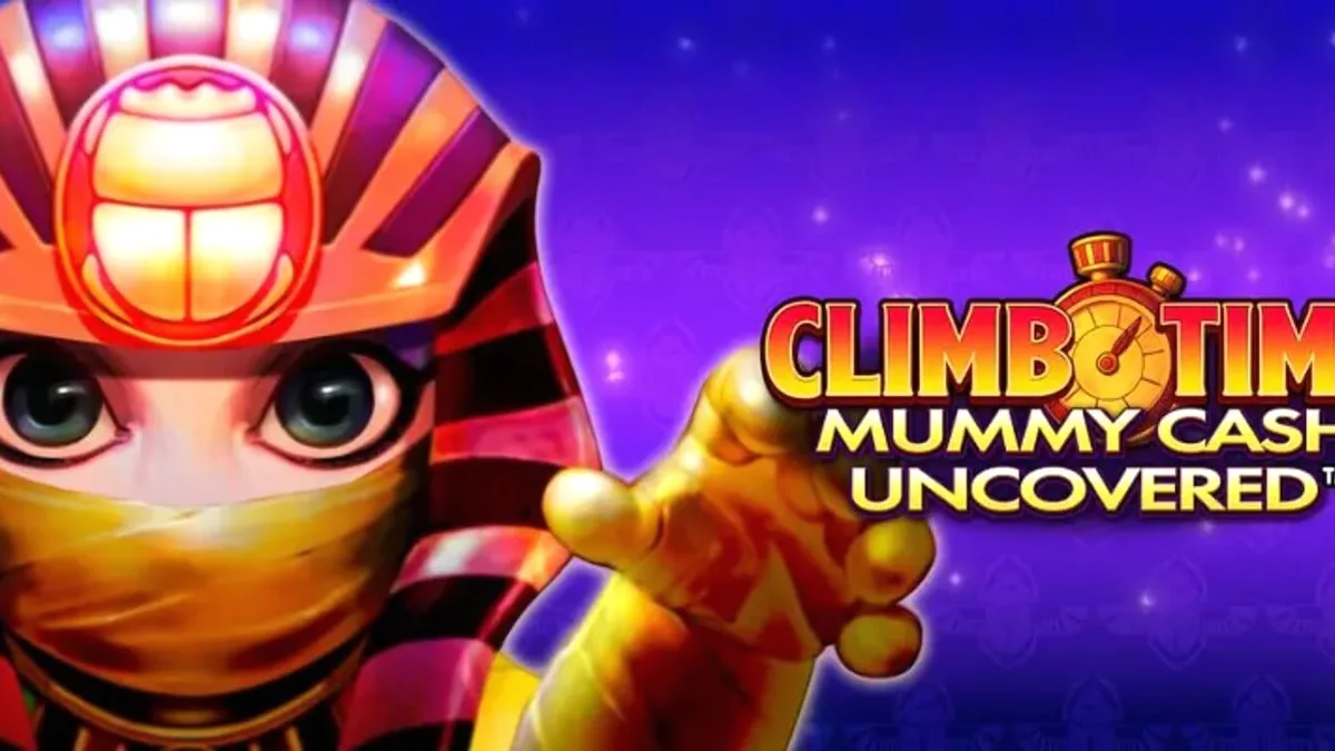Tampilan visual slot Climb Time Mummy Cash Uncovered dengan tema malam Mesir