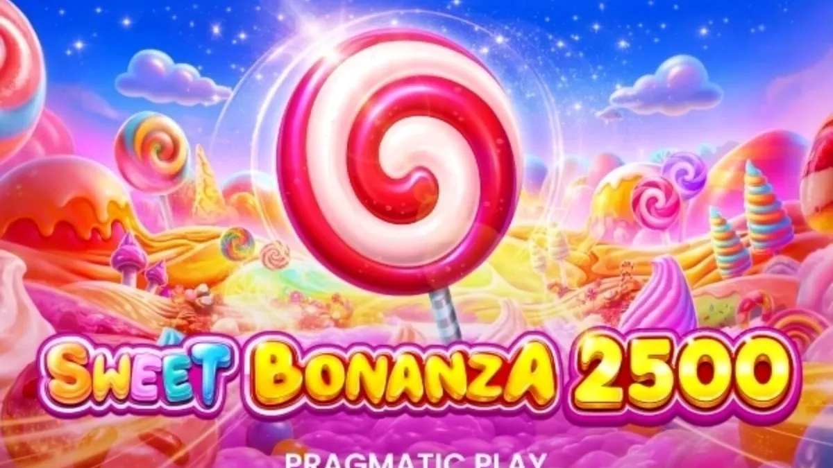 Tampilan visual penuh warna dari slot Sweet Bonanza 2500 dengan simbol permen dan buah-buahan.