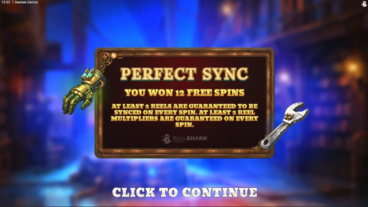 Tampilan antarmuka slot Gearlab Genius dengan tema steampunk dan roda gigi.